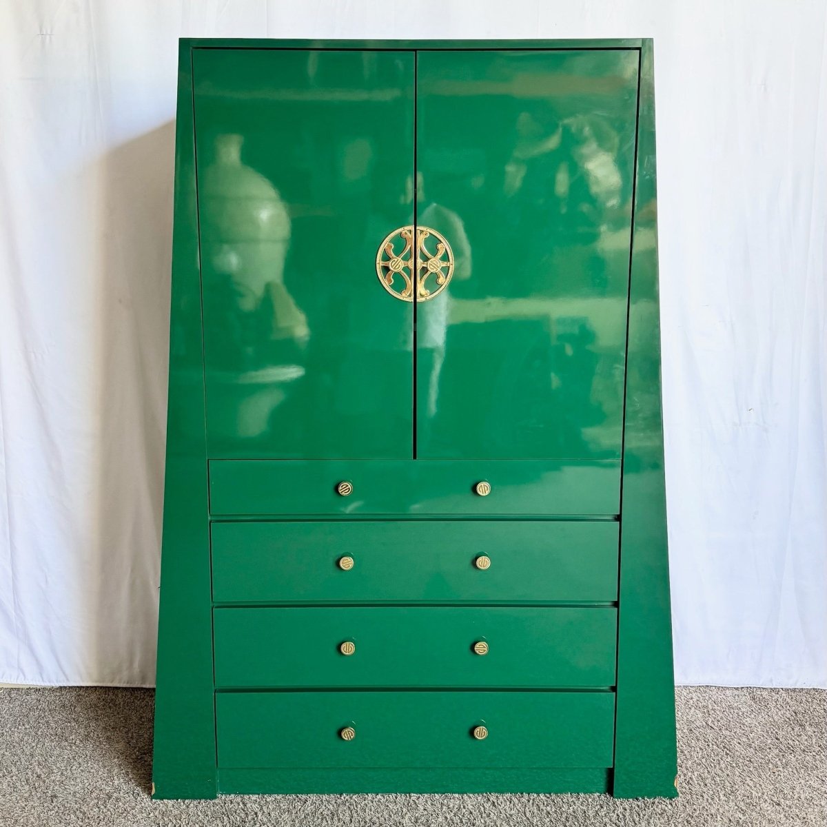 Postmodern Chinoiserie Green Lacquer Laminate Armoire With Brass Accents - Dolphin & Flamingo