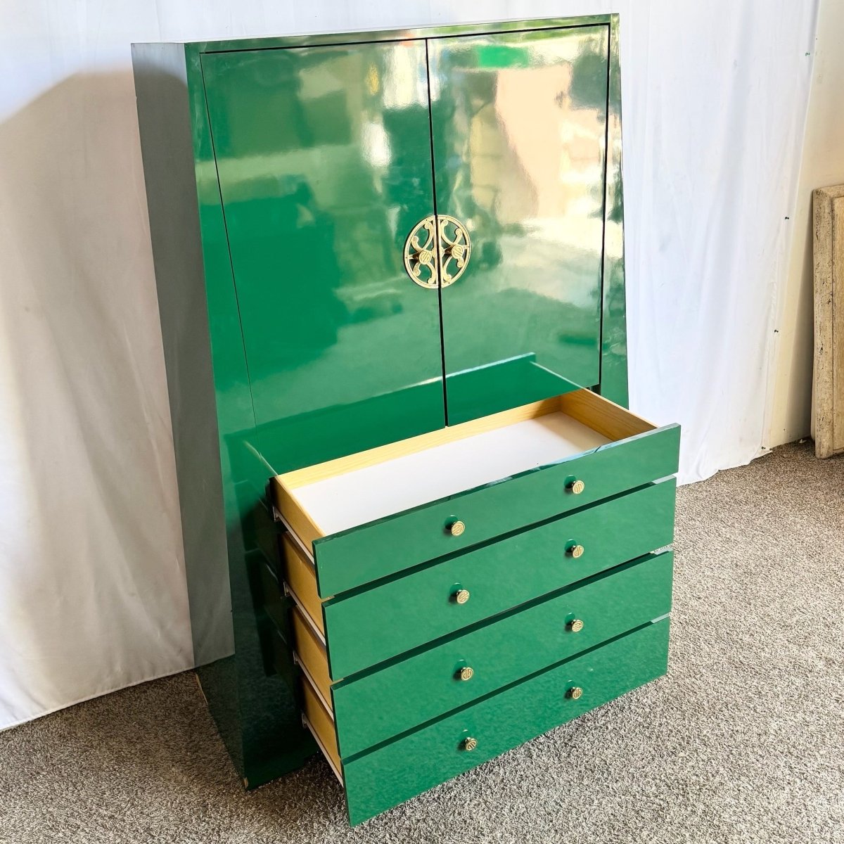 Postmodern Chinoiserie Green Lacquer Laminate Armoire With Brass Accents - Dolphin & Flamingo