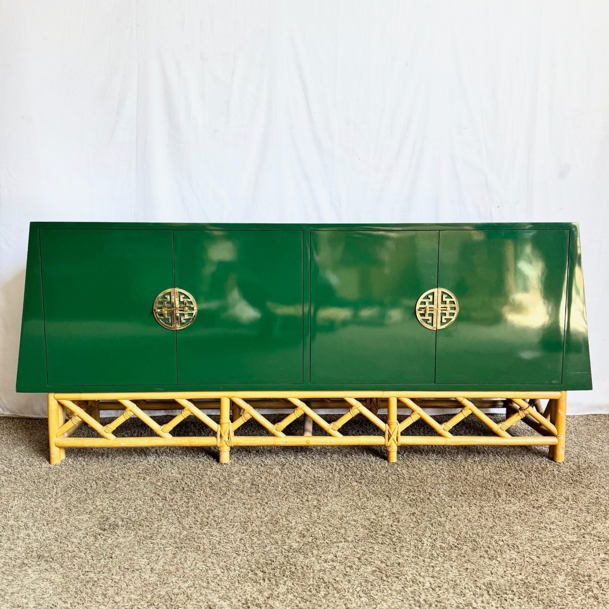 Postmodern Chinoiserie Green Lacquer Laminate Rattan Dresser With Brass Accents - Dolphin & Flamingo