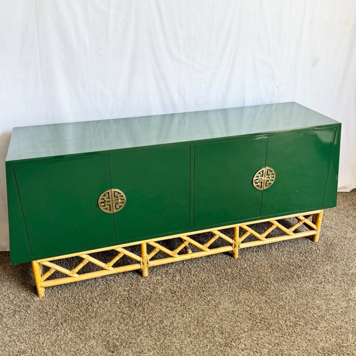 Postmodern Chinoiserie Green Lacquer Laminate Rattan Dresser With Brass Accents - Dolphin & Flamingo