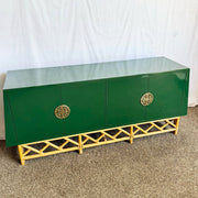 Postmodern Chinoiserie Green Lacquer Laminate Rattan Dresser With Brass Accents - Dolphin & Flamingo