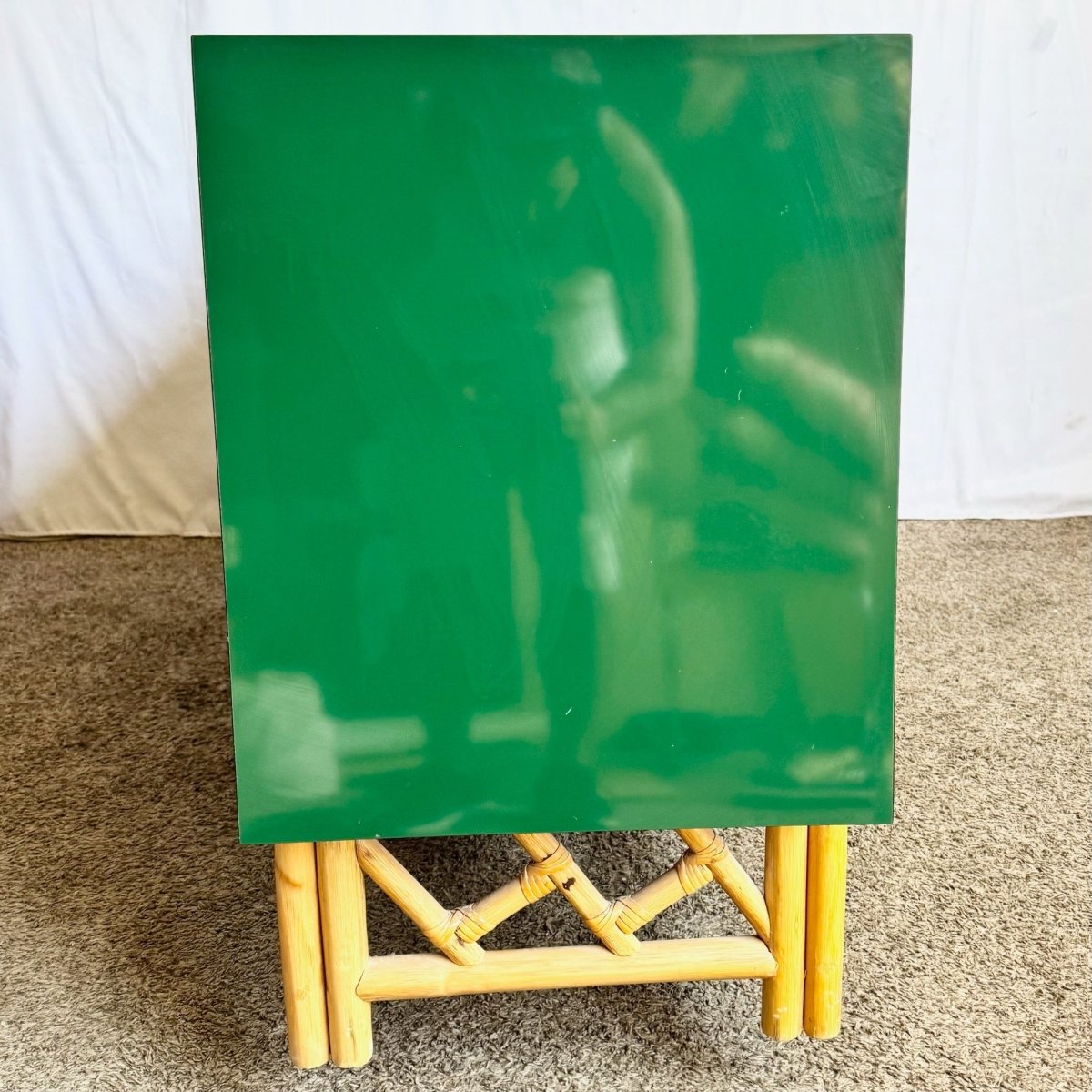 Postmodern Chinoiserie Green Lacquer Laminate Rattan Dresser With Brass Accents - Dolphin & Flamingo