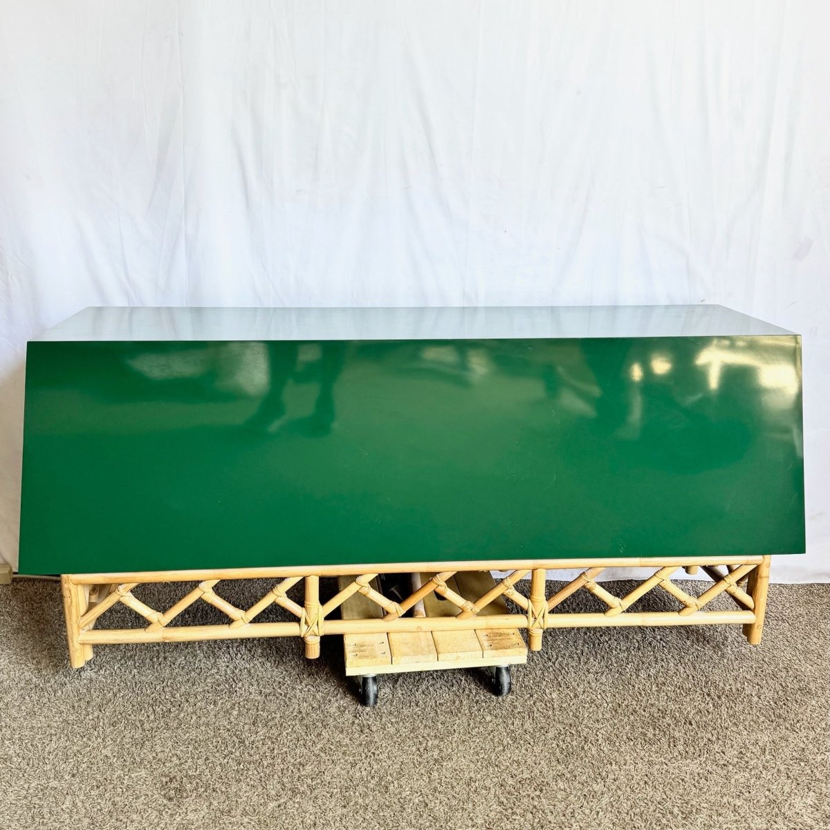 Postmodern Chinoiserie Green Lacquer Laminate Rattan Dresser With Brass Accents - Dolphin & Flamingo