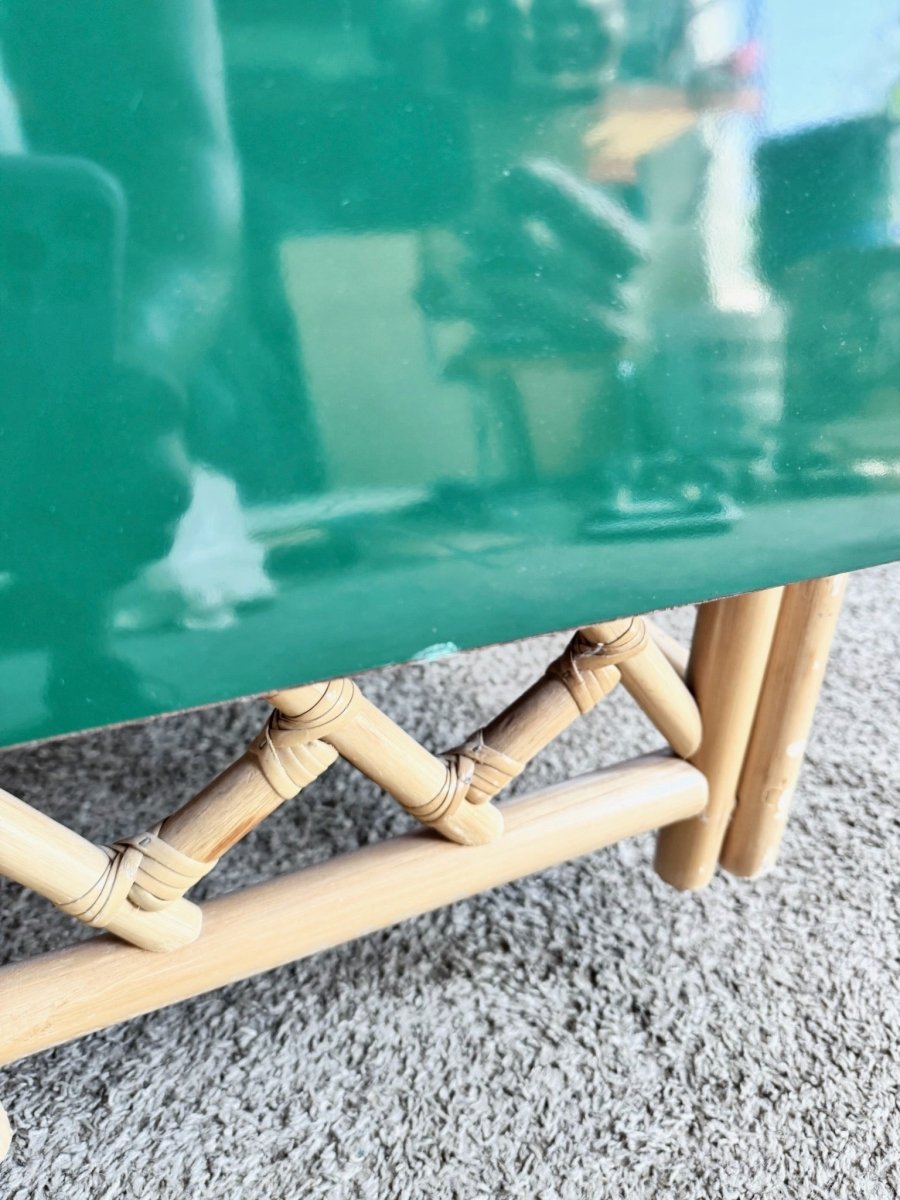 Postmodern Chinoiserie Green Lacquer Laminate Rattan Dresser With Brass Accents - Dolphin & Flamingo