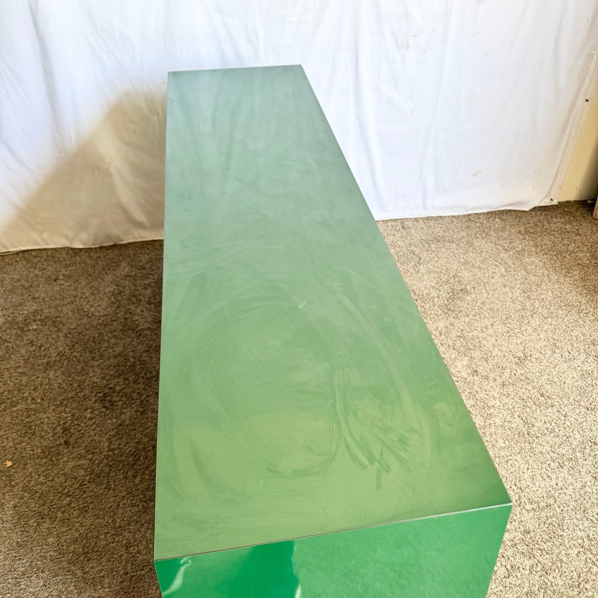 Postmodern Chinoiserie Green Lacquer Laminate Rattan Dresser With Brass Accents - Dolphin & Flamingo