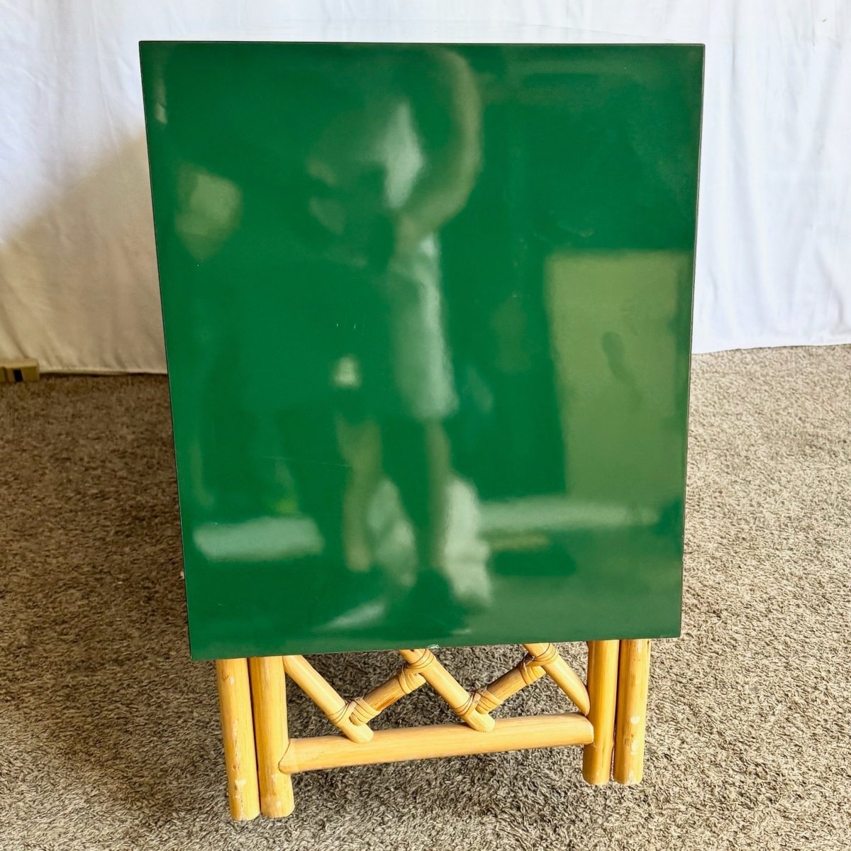 Postmodern Chinoiserie Green Lacquer Laminate Rattan Dresser With Brass Accents - Dolphin & Flamingo