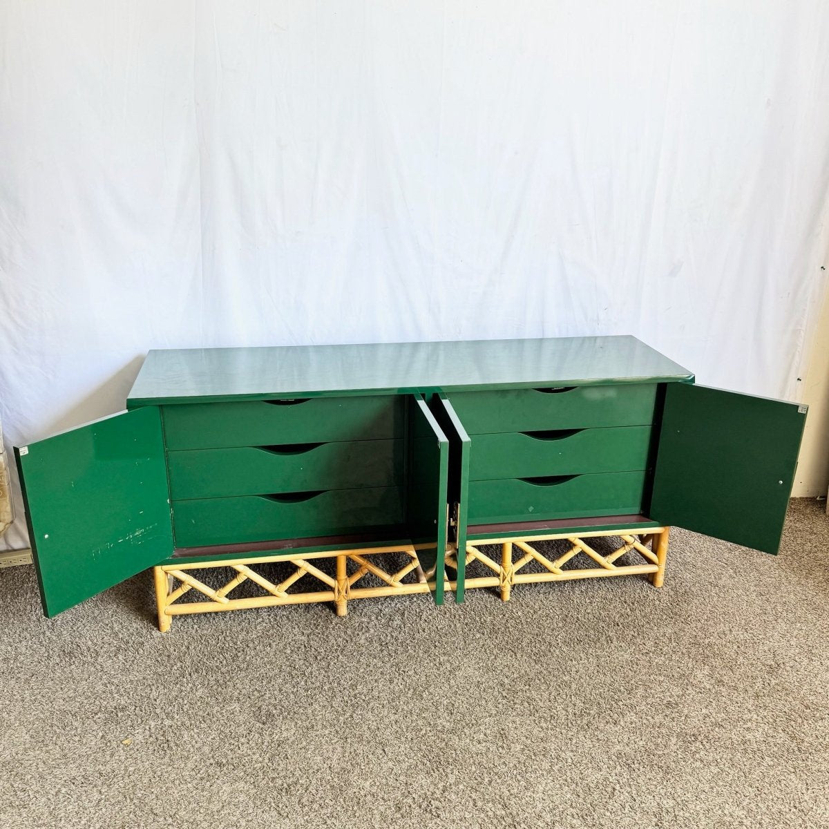 Postmodern Chinoiserie Green Lacquer Laminate Rattan Dresser With Brass Accents - Dolphin & Flamingo