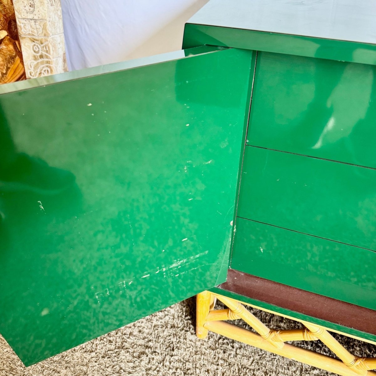 Postmodern Chinoiserie Green Lacquer Laminate Rattan Dresser With Brass Accents - Dolphin & Flamingo