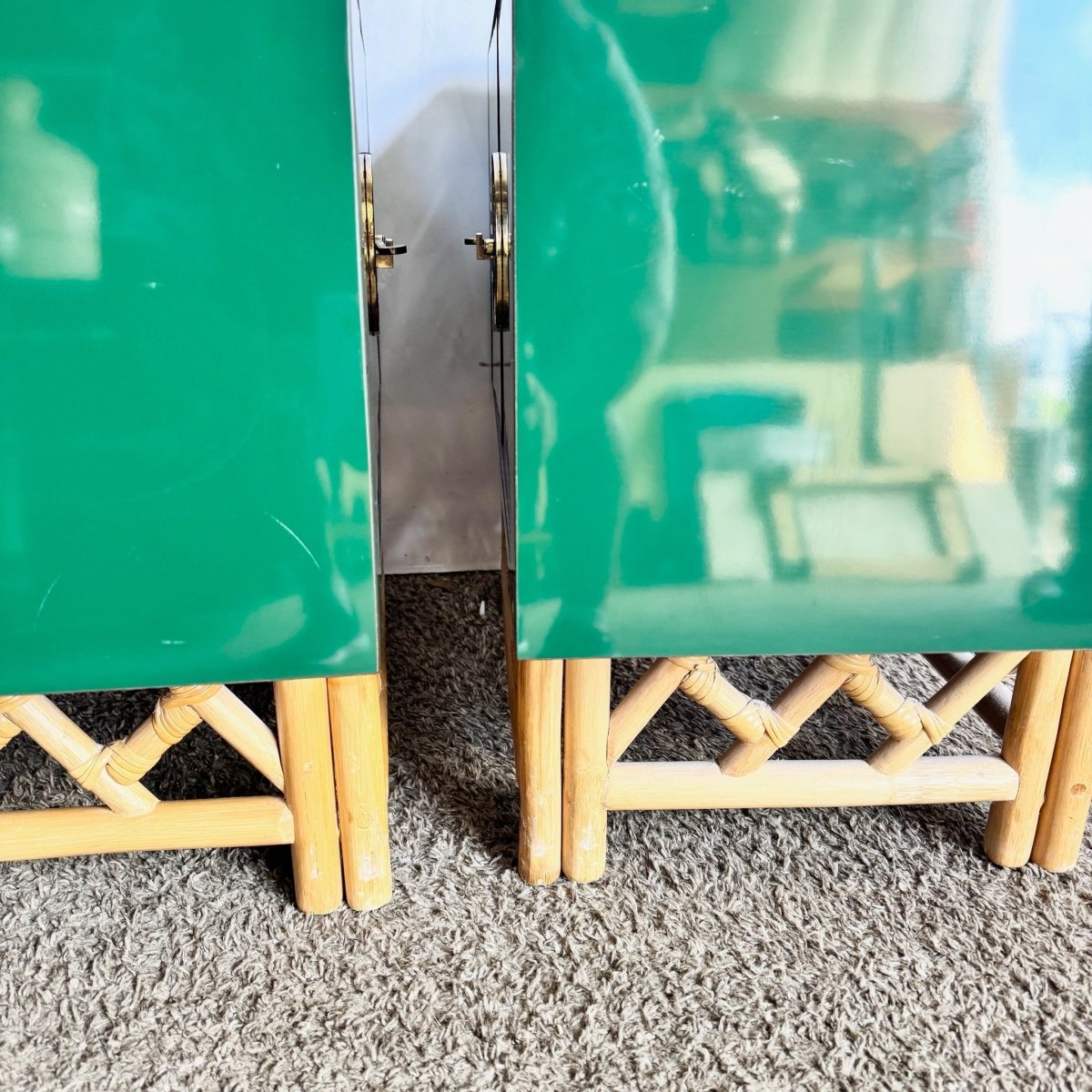 Postmodern Chinoiserie Green Lacquer Laminate Rattan Nightstands With Brass Accents - A Pair - Dolphin & Flamingo