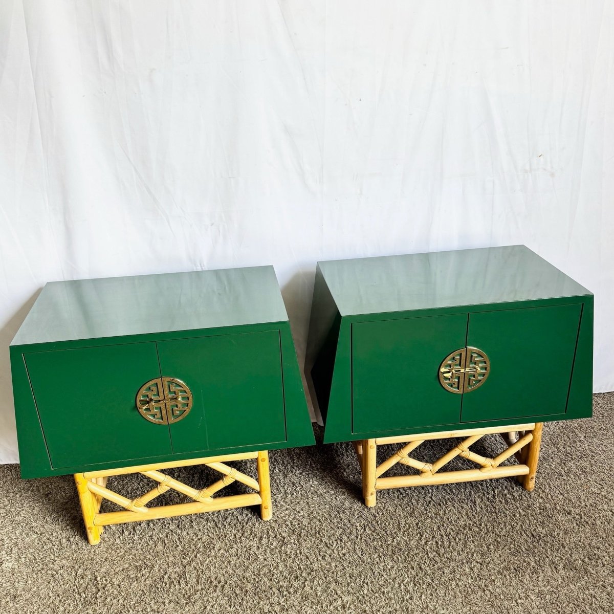 Postmodern Chinoiserie Green Lacquer Laminate Rattan Nightstands With Brass Accents - A Pair - Dolphin & Flamingo