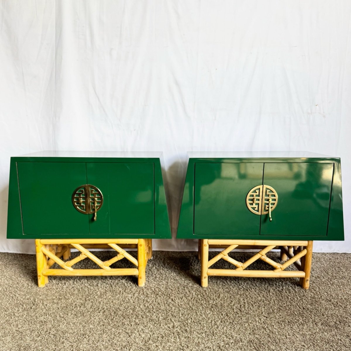 Postmodern Chinoiserie Green Lacquer Laminate Rattan Nightstands With Brass Accents - A Pair - Dolphin & Flamingo