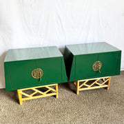 Postmodern Chinoiserie Green Lacquer Laminate Rattan Nightstands With Brass Accents - A Pair - Dolphin & Flamingo