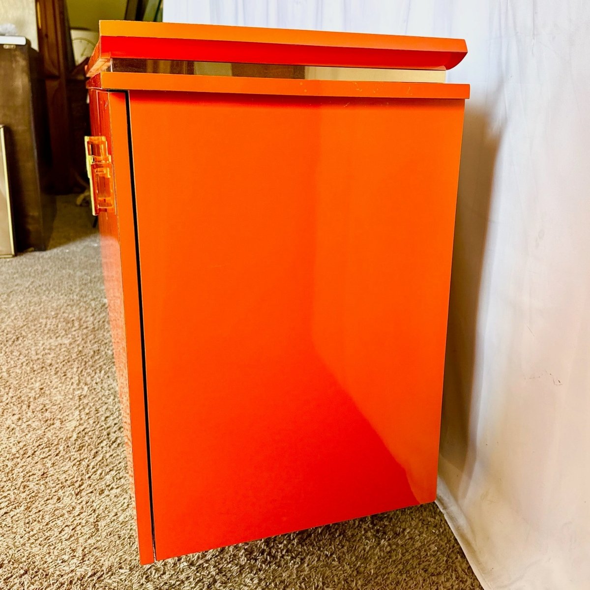 Postmodern Chinoiserie Orange Lacquer Laminate Credenza - Dolphin & Flamingo