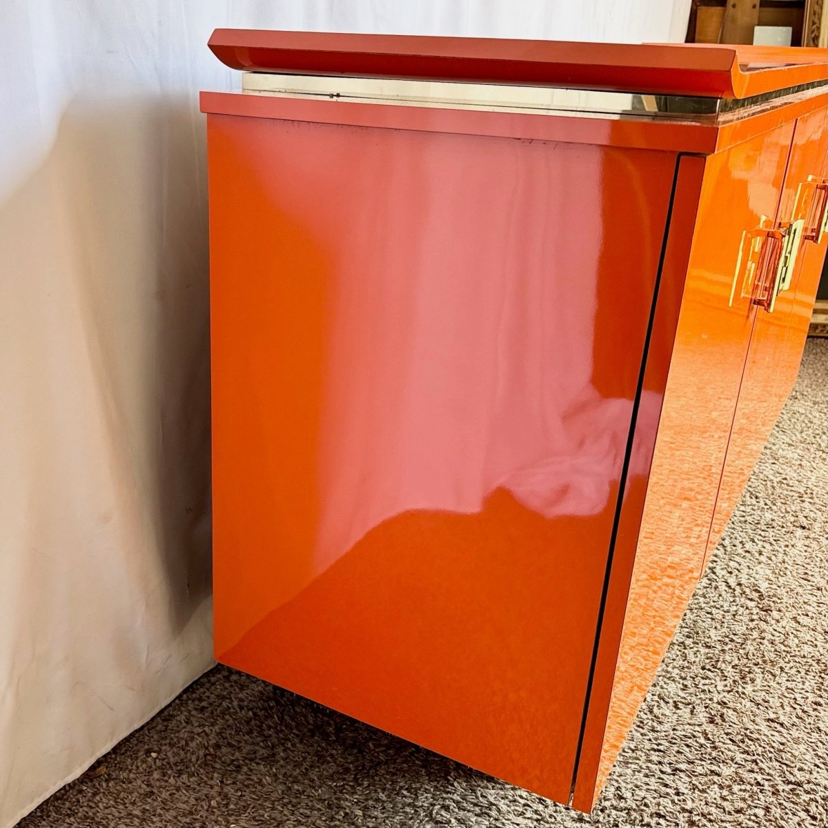 Postmodern Chinoiserie Orange Lacquer Laminate Credenza - Dolphin & Flamingo