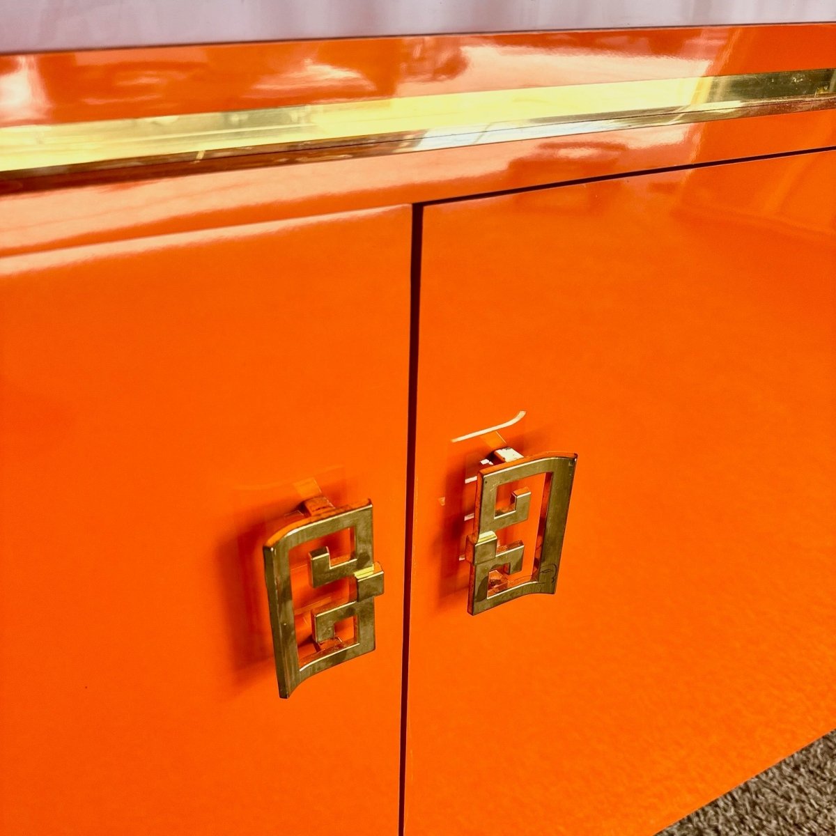 Postmodern Chinoiserie Orange Lacquer Laminate Credenza - Dolphin & Flamingo