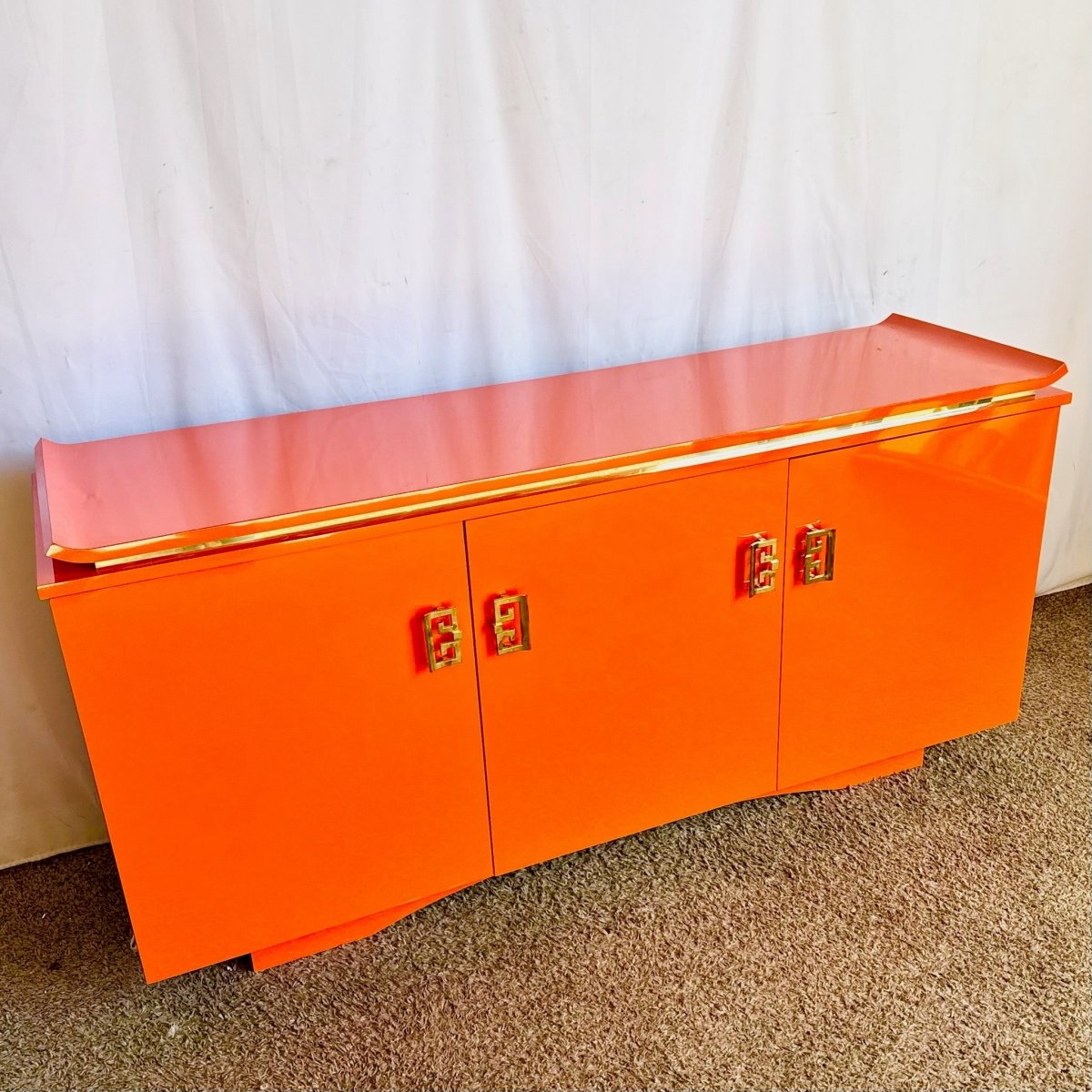 Postmodern Chinoiserie Orange Lacquer Laminate Credenza - Dolphin & Flamingo