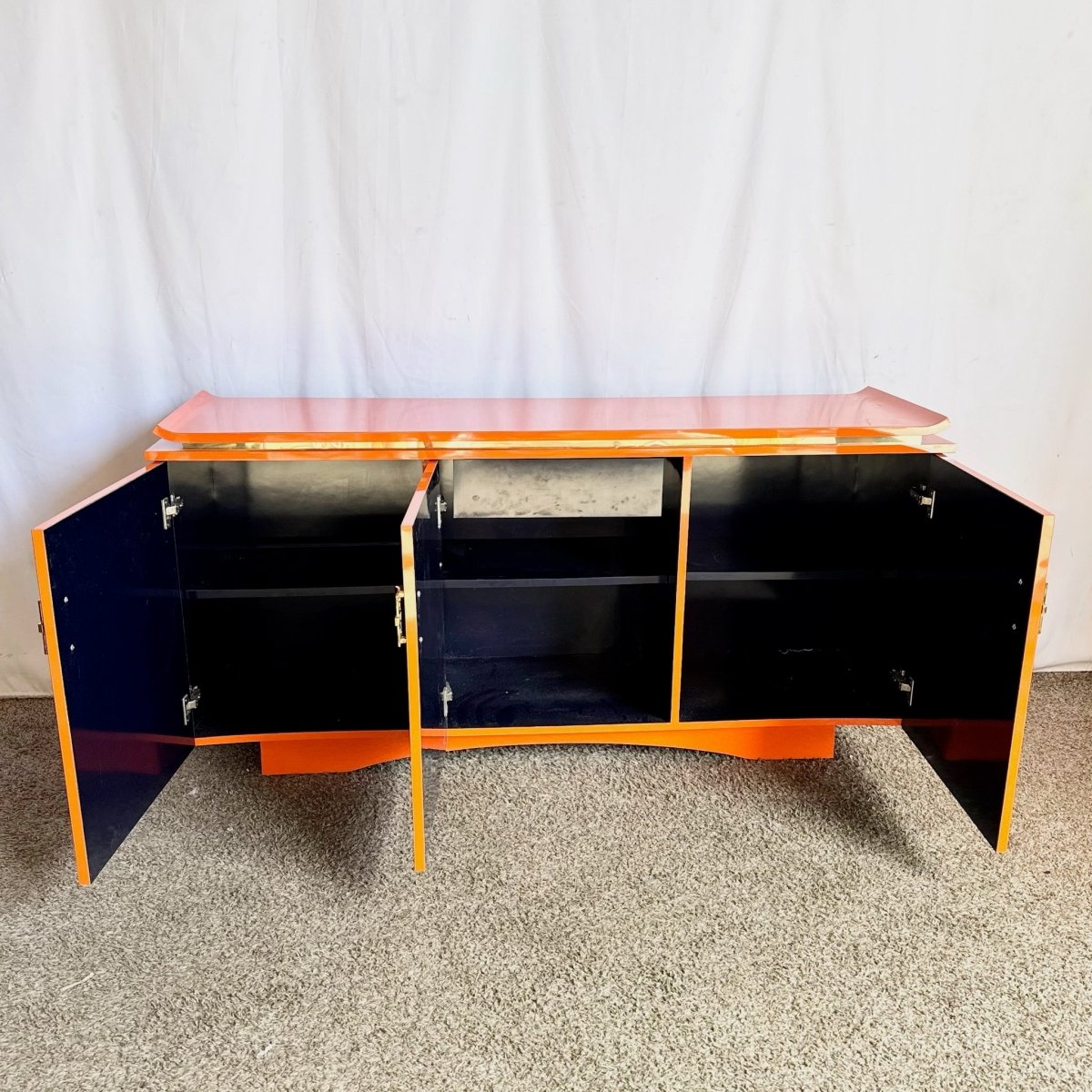 Postmodern Chinoiserie Orange Lacquer Laminate Credenza - Dolphin & Flamingo
