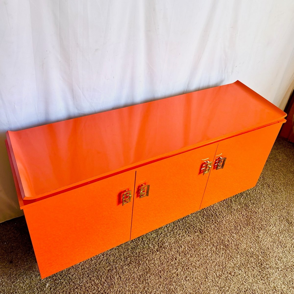 Postmodern Chinoiserie Orange Lacquer Laminate Credenza - Dolphin & Flamingo