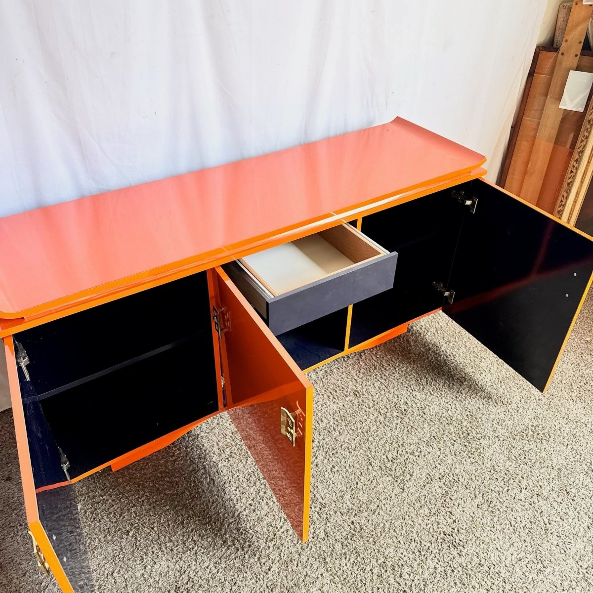Postmodern Chinoiserie Orange Lacquer Laminate Credenza - Dolphin & Flamingo