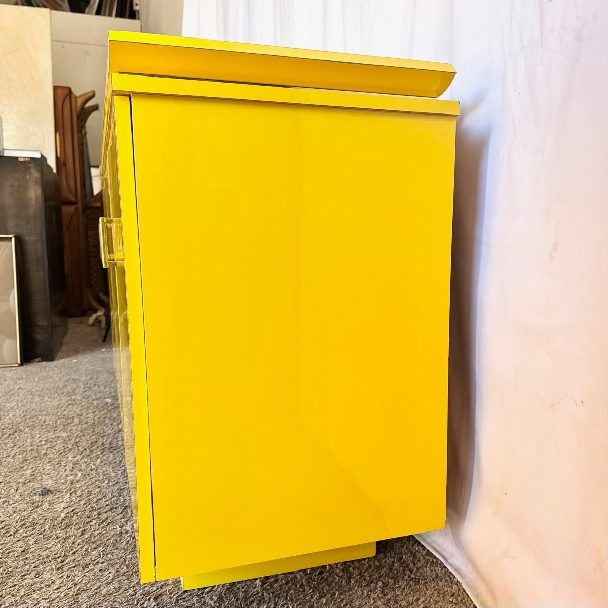 Postmodern Chinoiserie Yellow Lacquer Laminate Credenza - Dolphin & Flamingo