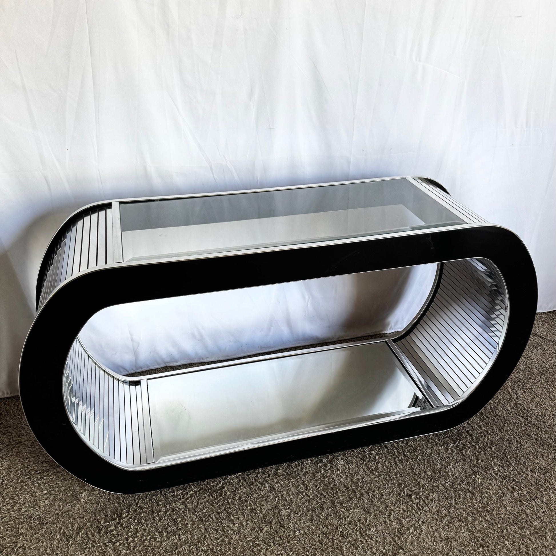 Postmodern Chrome Mirror and Black Laminate Waterfall Console Table - Dolphin & Flamingo