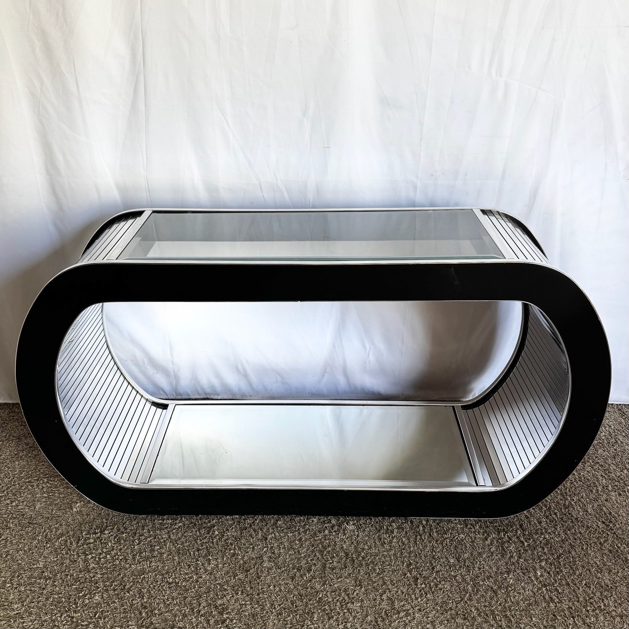 Postmodern Chrome Mirror and Black Laminate Waterfall Console Table - Dolphin & Flamingo