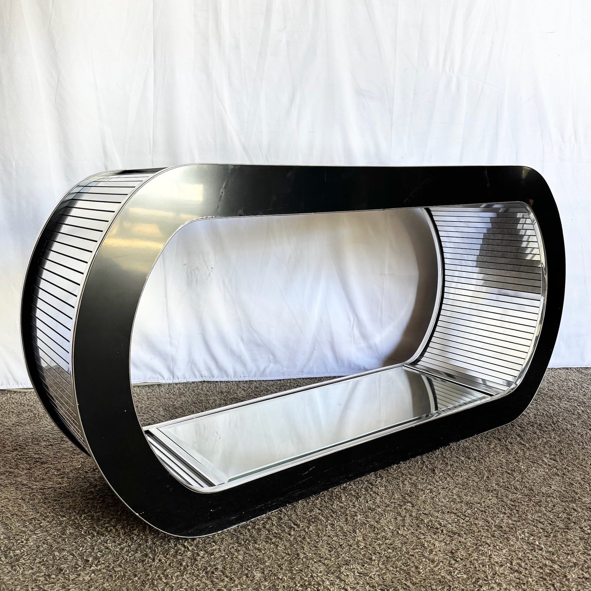 Postmodern Chrome Mirror and Black Laminate Waterfall Console Table - Dolphin & Flamingo