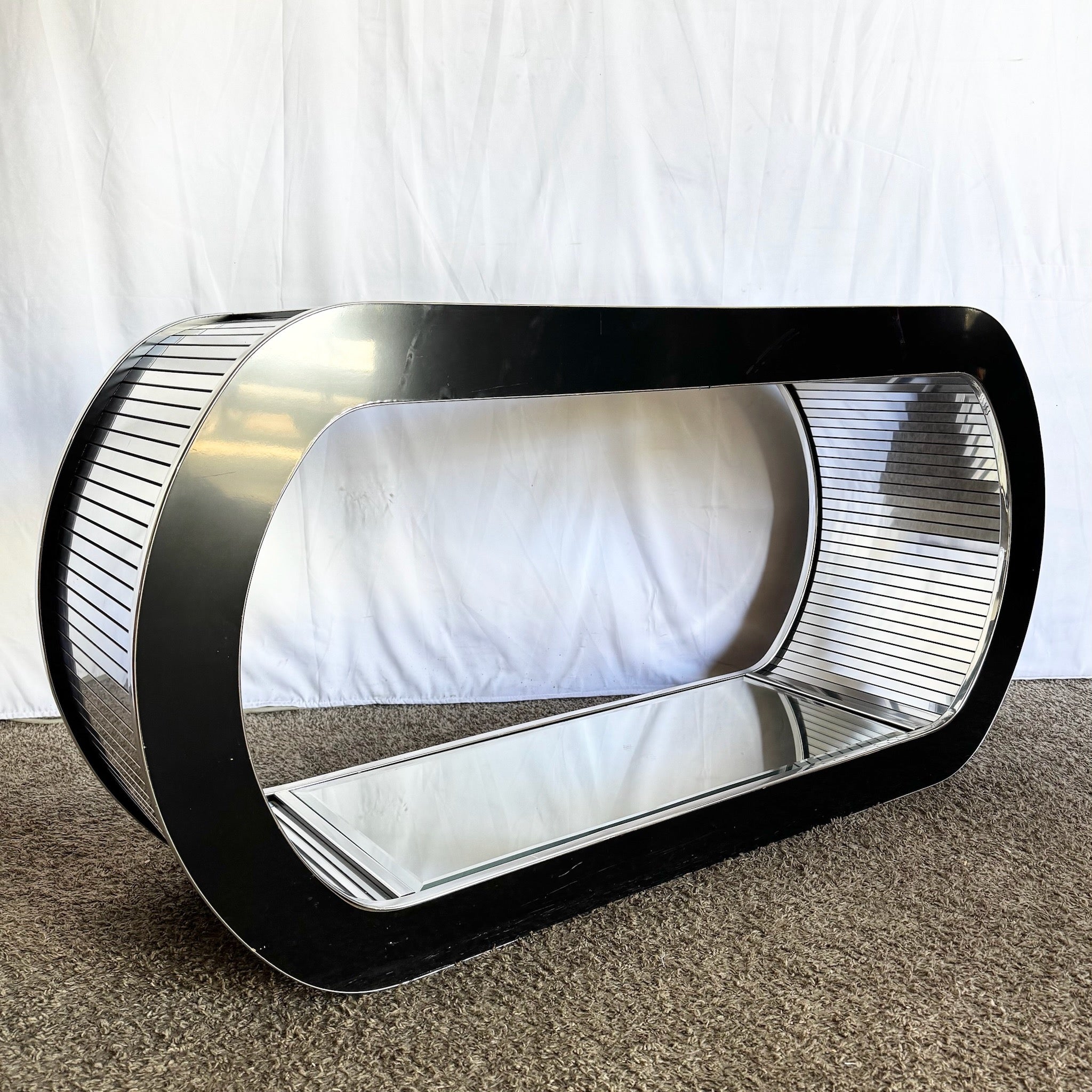 Postmodern Chrome Mirror and Black Laminate Waterfall Console Table - Dolphin & Flamingo