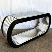 Postmodern Chrome Mirror and Black Laminate Waterfall Console Table - Dolphin & Flamingo