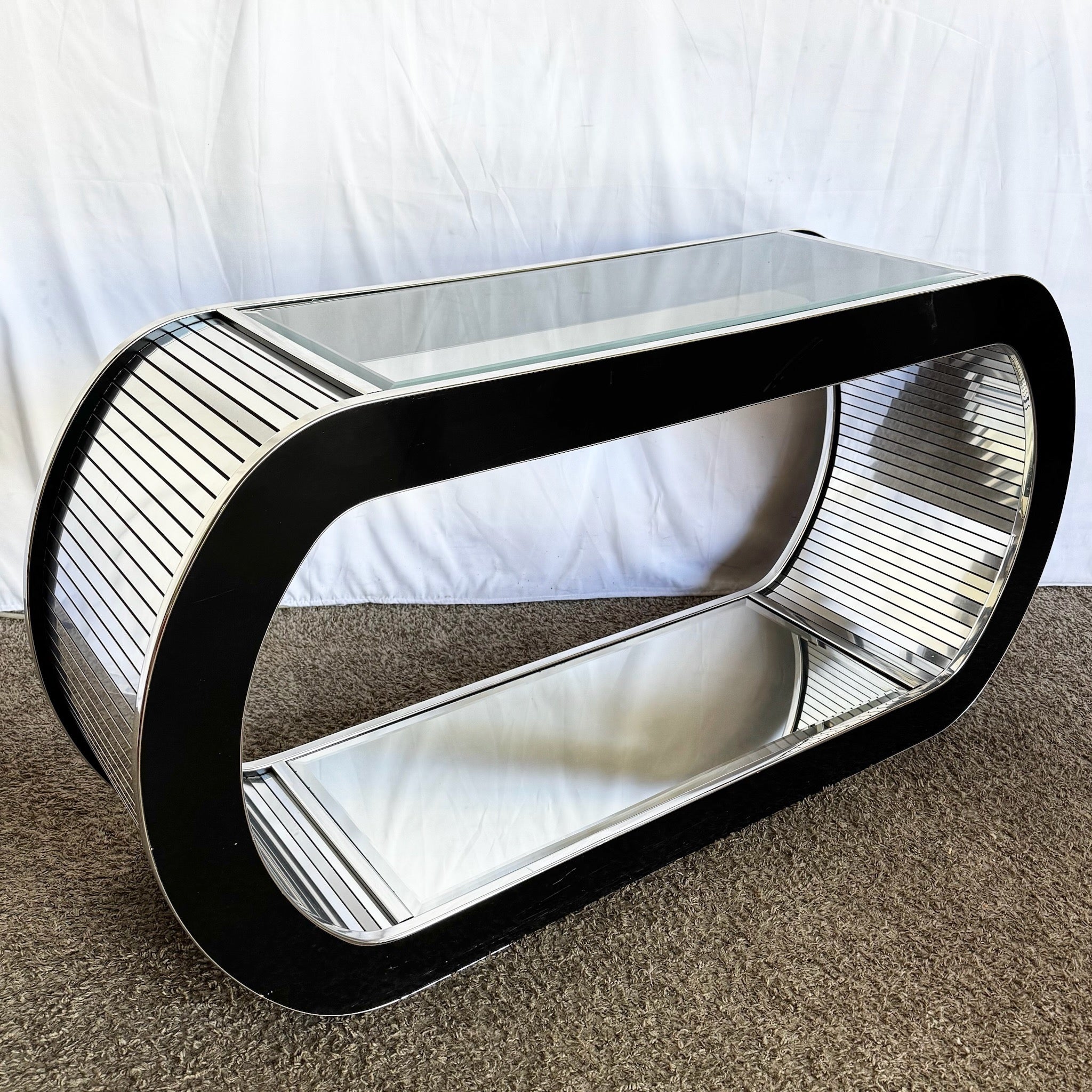 Postmodern Chrome Mirror and Black Laminate Waterfall Console Table - Dolphin & Flamingo
