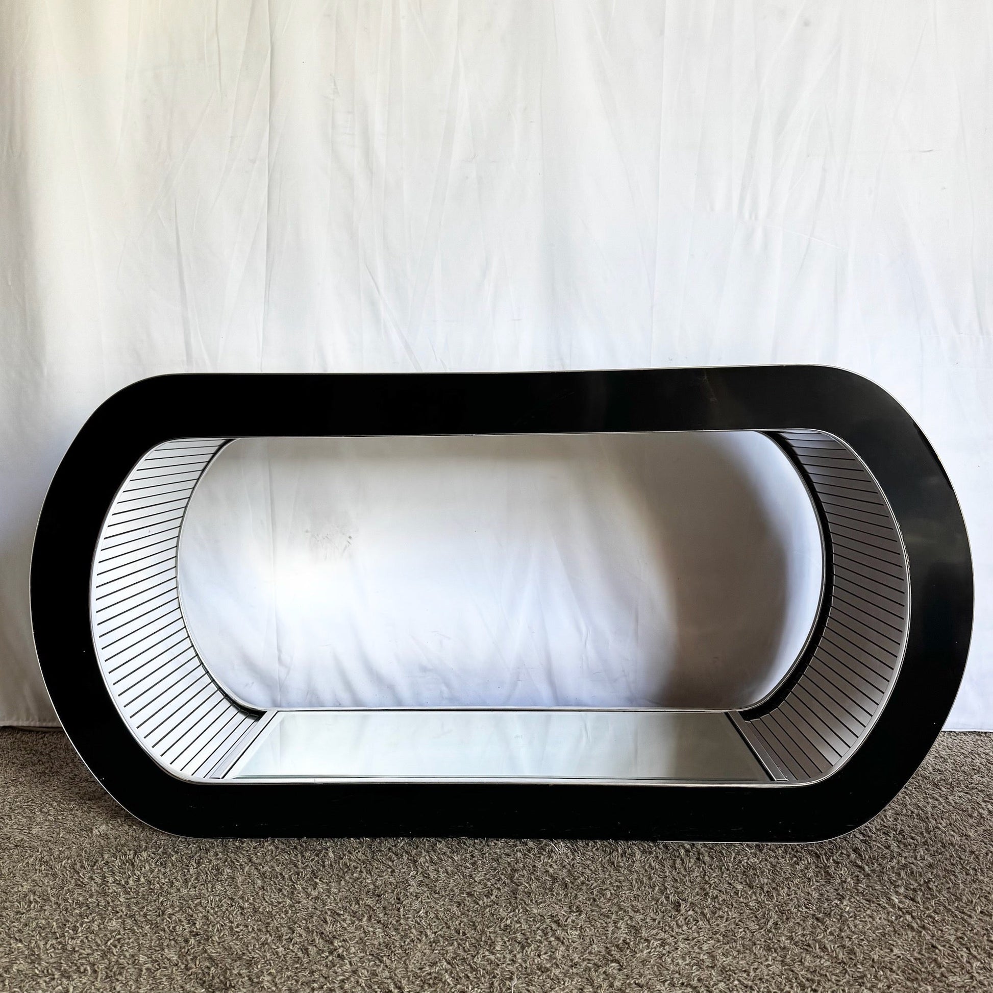 Postmodern Chrome Mirror and Black Laminate Waterfall Console Table - Dolphin & Flamingo