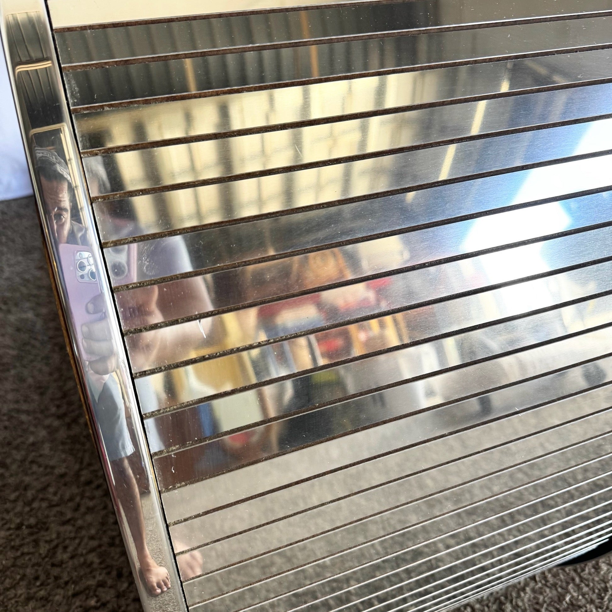 Postmodern Chrome Mirror and Black Laminate Waterfall Console Table - Dolphin & Flamingo