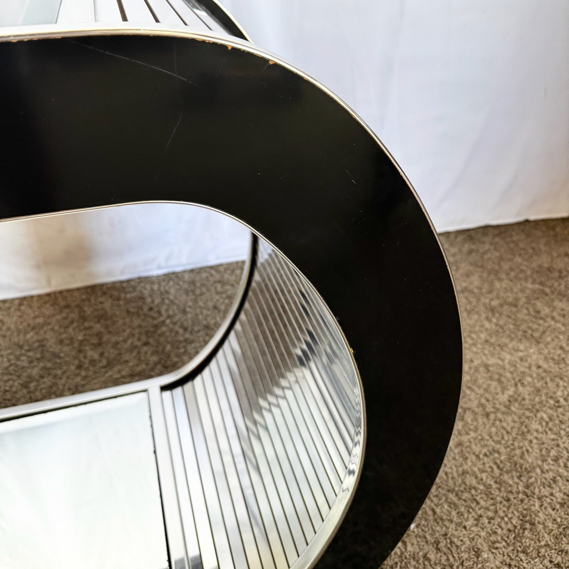 Postmodern Chrome Mirror and Black Laminate Waterfall Console Table - Dolphin & Flamingo