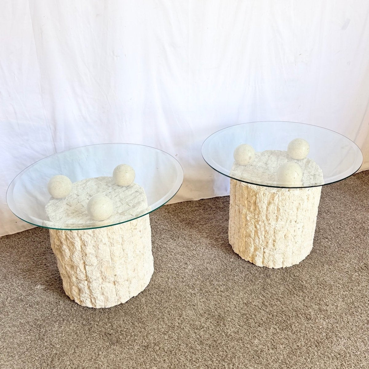 Postmodern Circular Tessellated Stone Glass Top Side Tables - A Pair - Dolphin & Flamingo