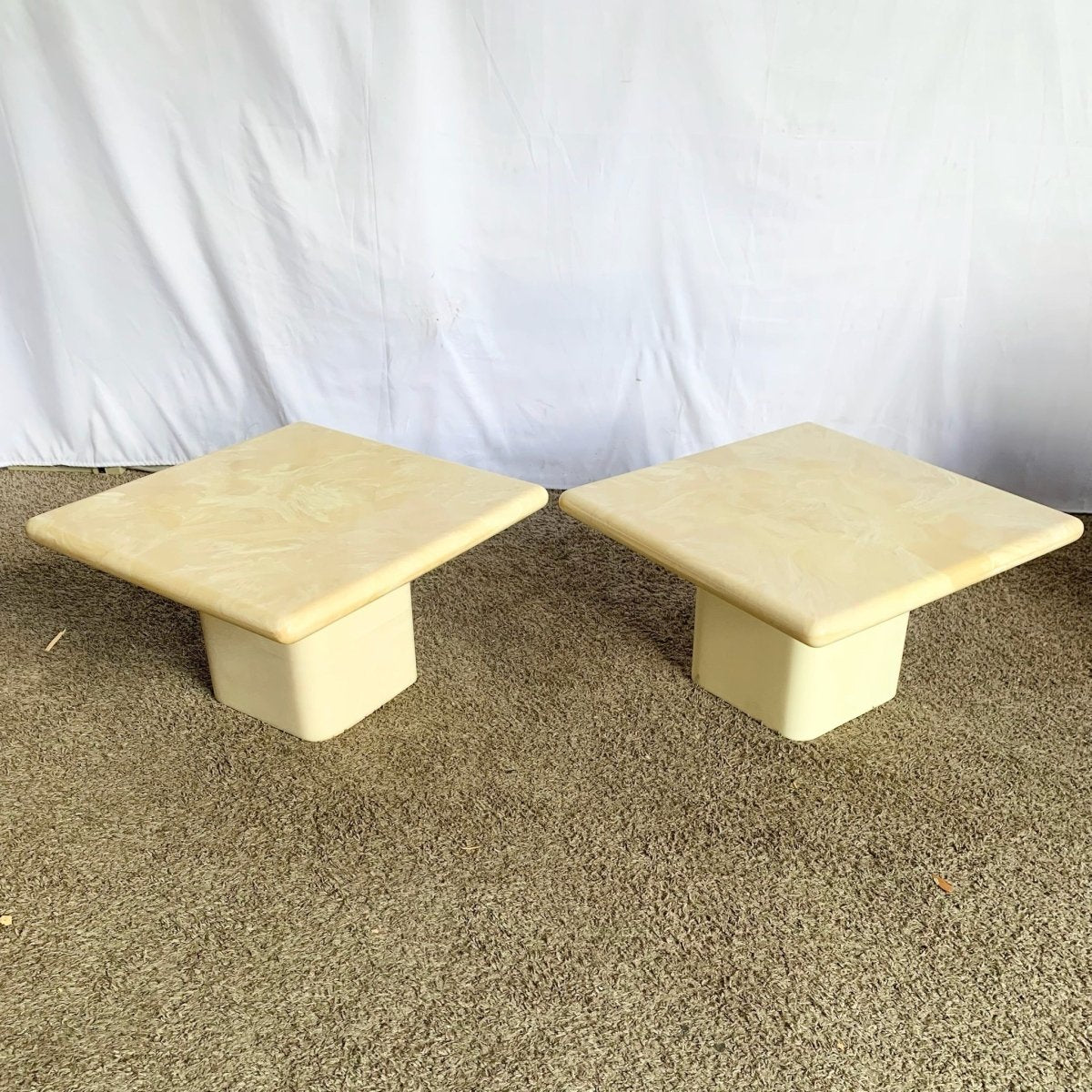 Postmodern Cream Faux Marble Square Top Side Tables - A Pair - Dolphin & Flamingo