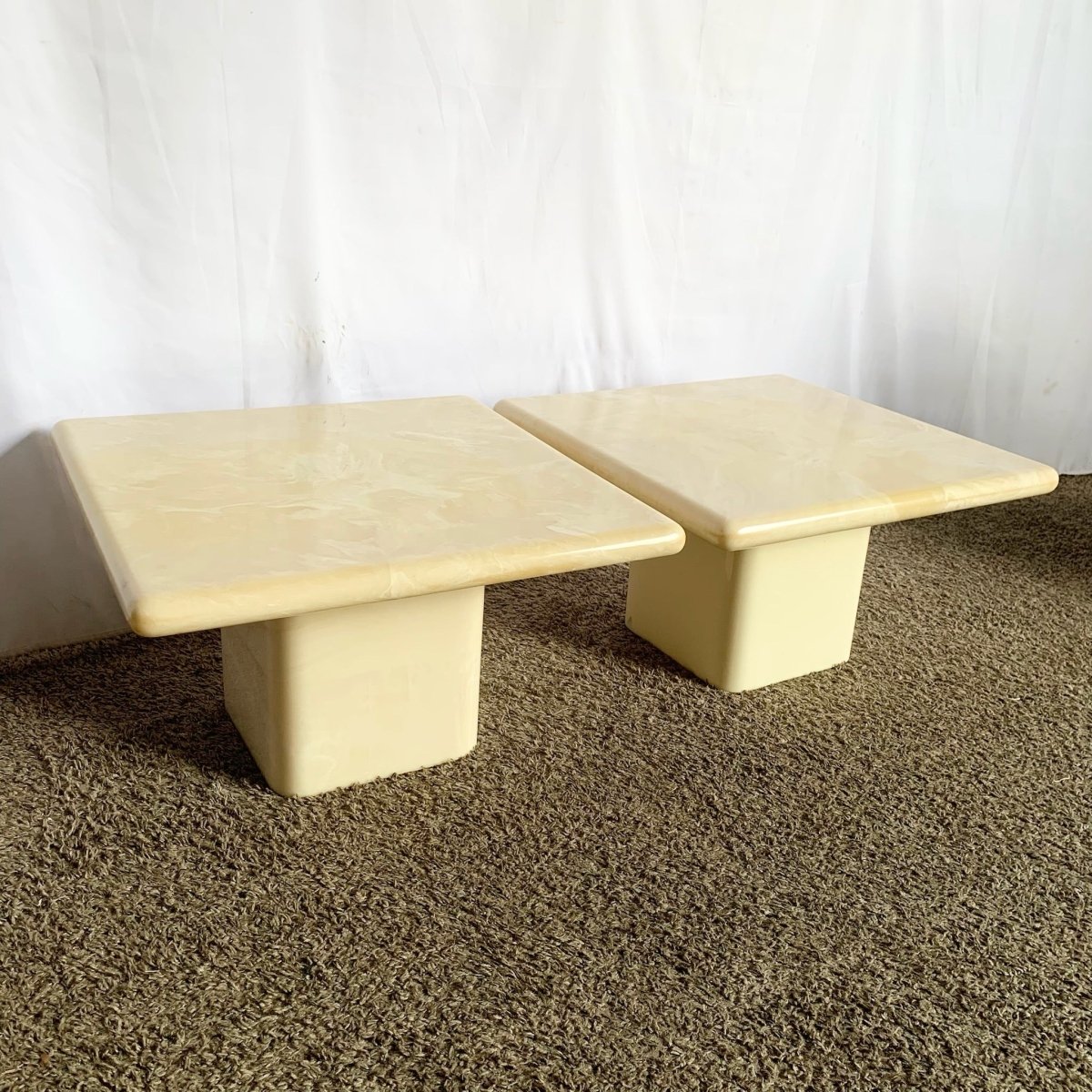 Postmodern Cream Faux Marble Square Top Side Tables - A Pair - Dolphin & Flamingo
