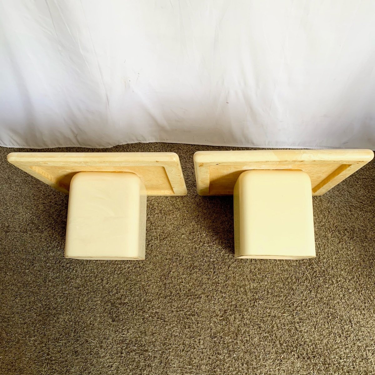 Postmodern Cream Faux Marble Square Top Side Tables - A Pair - Dolphin & Flamingo