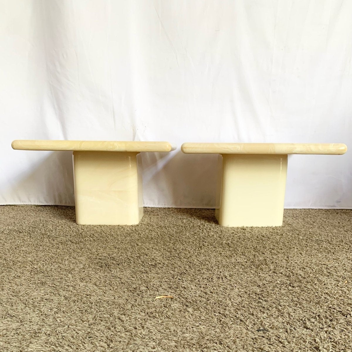 Postmodern Cream Faux Marble Square Top Side Tables - A Pair - Dolphin & Flamingo
