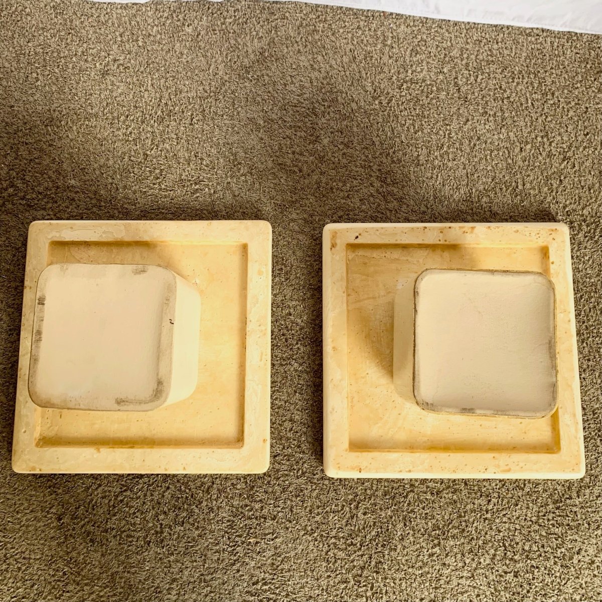 Postmodern Cream Faux Marble Square Top Side Tables - A Pair - Dolphin & Flamingo