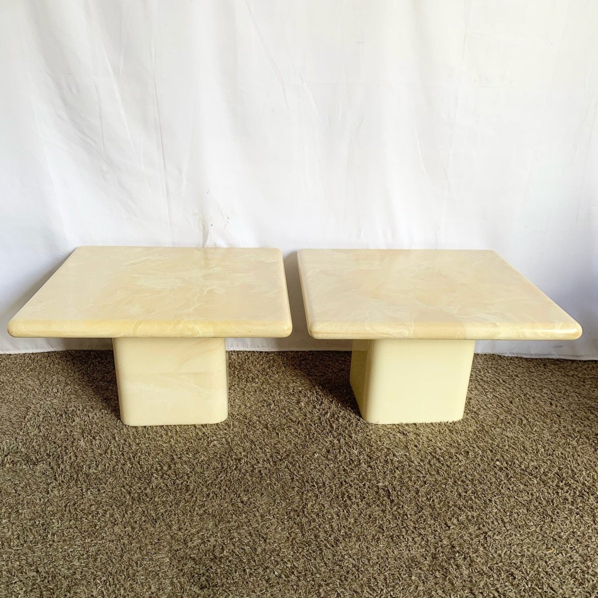 Postmodern Cream Faux Marble Square Top Side Tables - A Pair - Dolphin & Flamingo