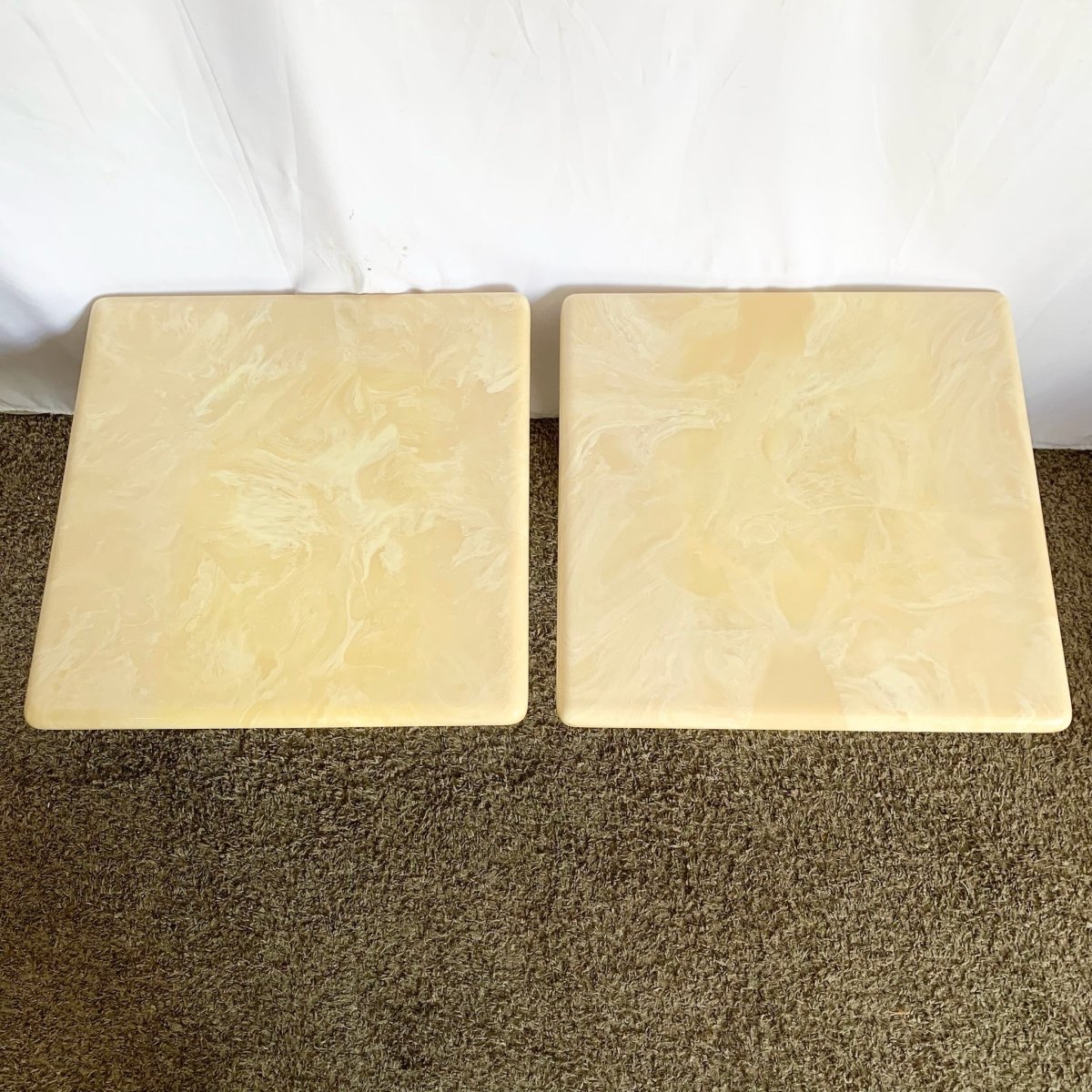 Postmodern Cream Faux Marble Square Top Side Tables - A Pair - Dolphin & Flamingo