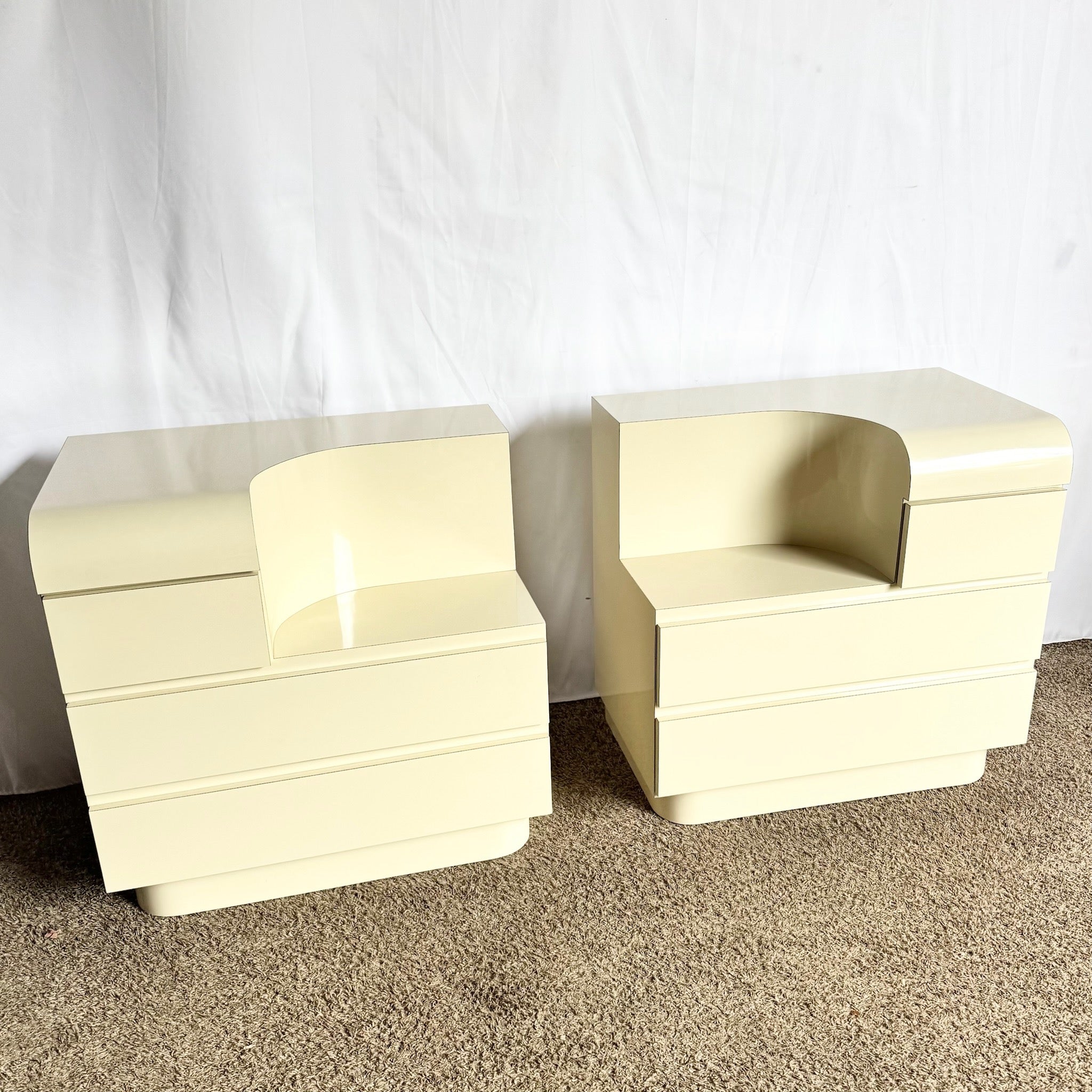 Postmodern Cream Lacquer Laminate Sculpted Two Tier Commodes/Nightstands - Dolphin & Flamingo