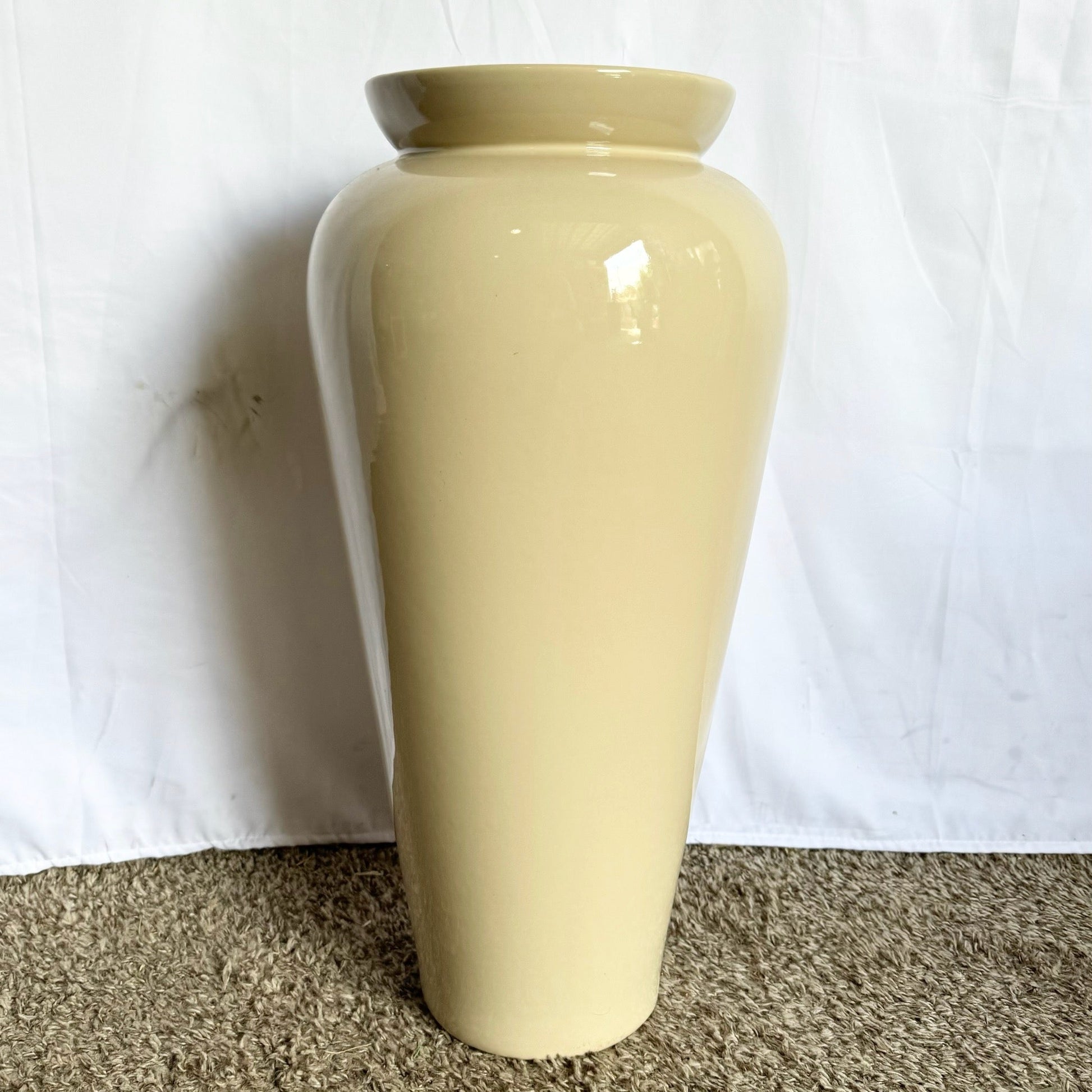 Postmodern Cream Lacquered Ceramic Floor Vase - Dolphin & Flamingo
