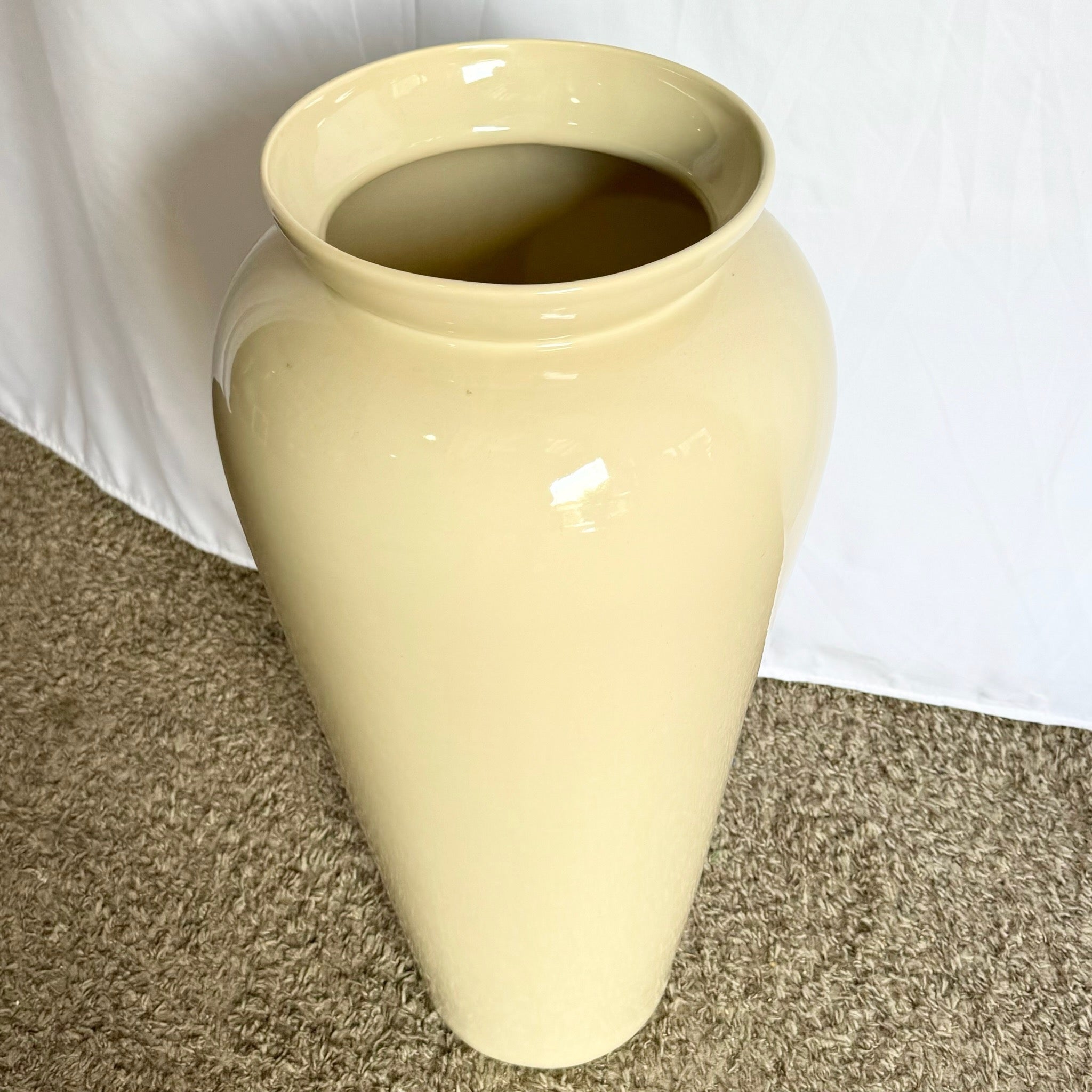 Postmodern Cream Lacquered Ceramic Floor Vase - Dolphin & Flamingo