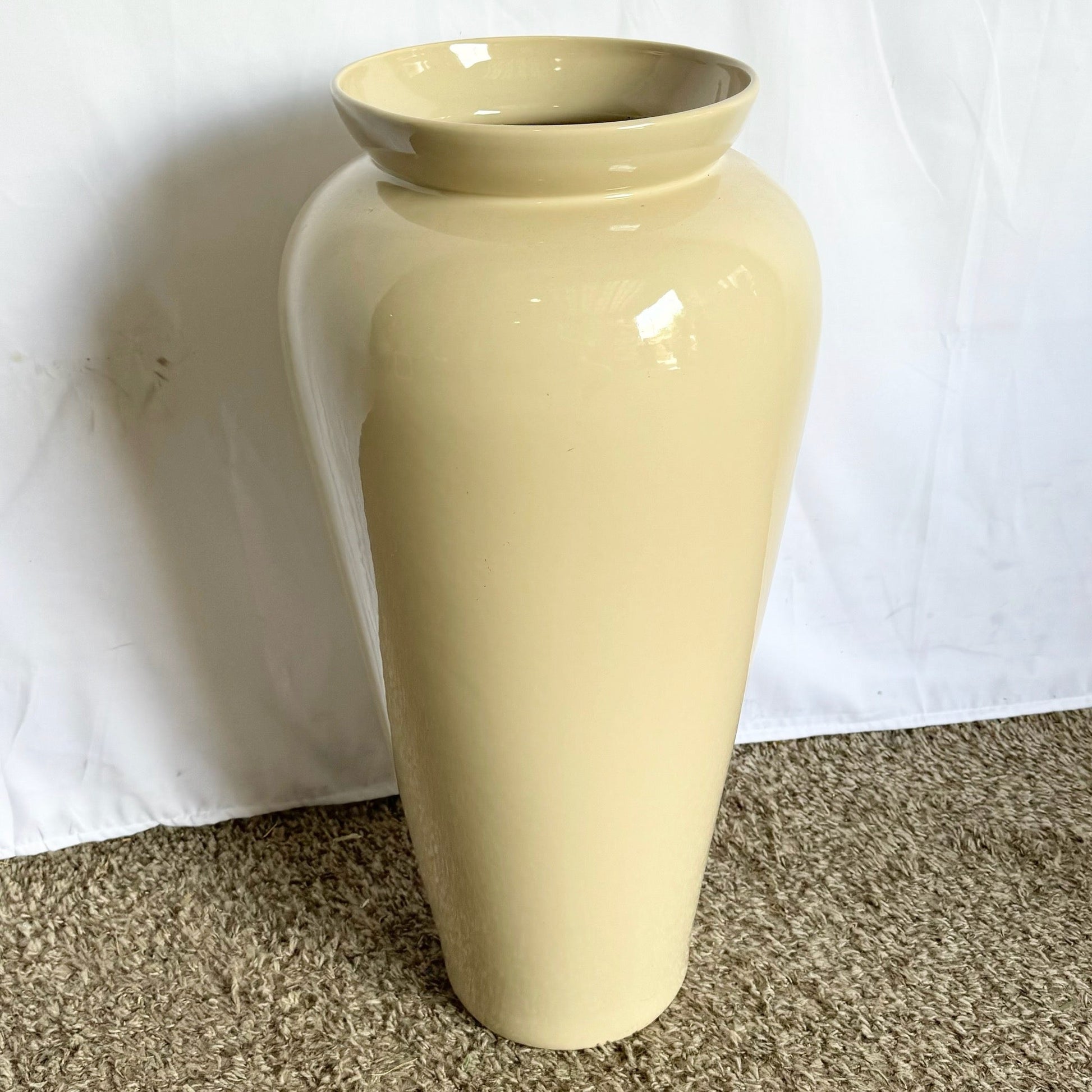 Postmodern Cream Lacquered Ceramic Floor Vase - Dolphin & Flamingo