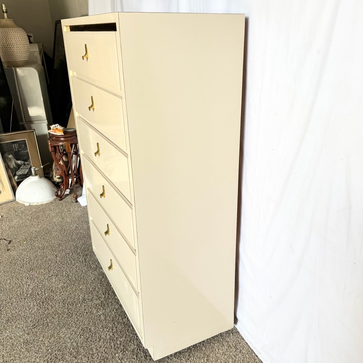 Postmodern Cream Laminate Highboy Dresser With Gold Accents - Dolphin & Flamingo