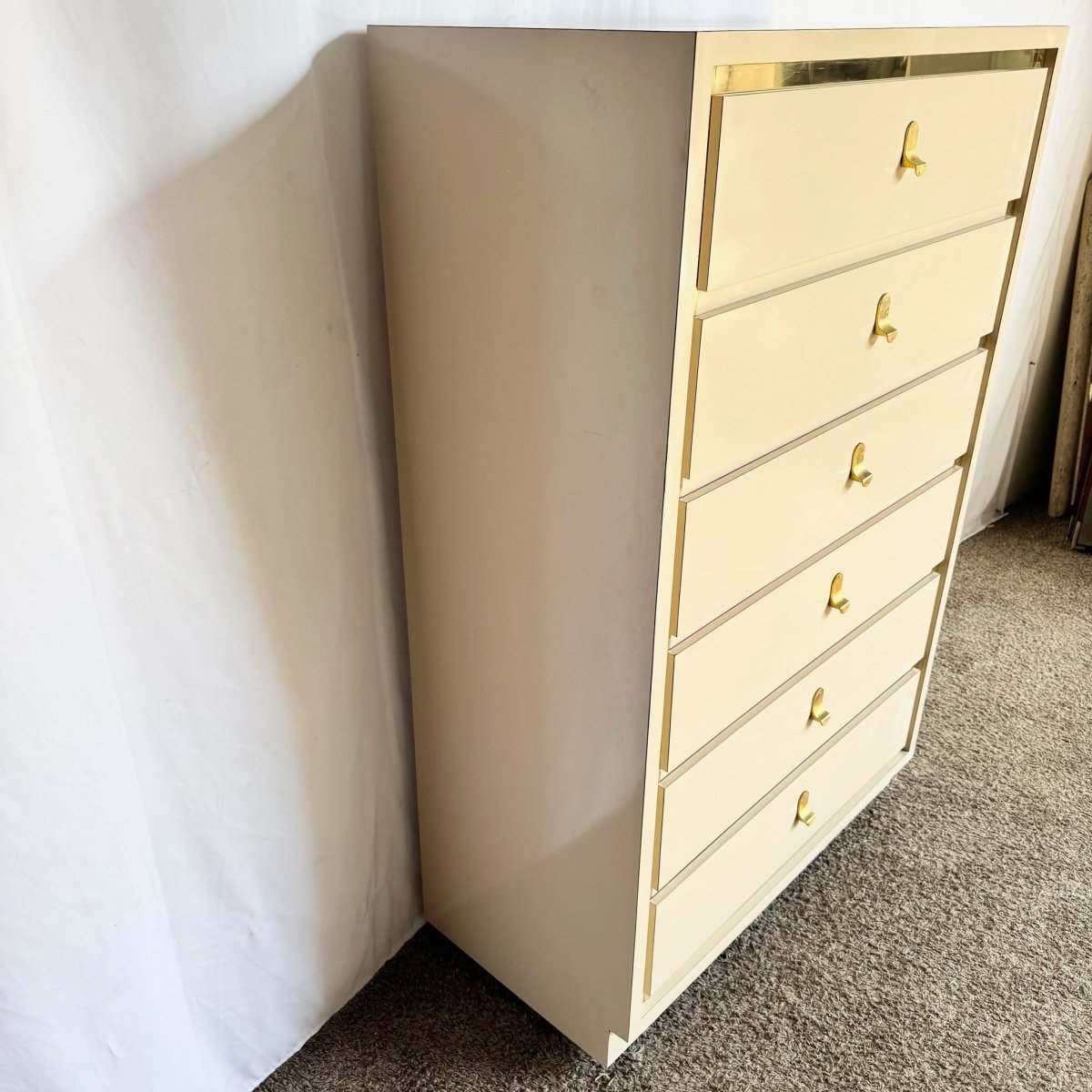 Postmodern Cream Laminate Highboy Dresser With Gold Accents - Dolphin & Flamingo