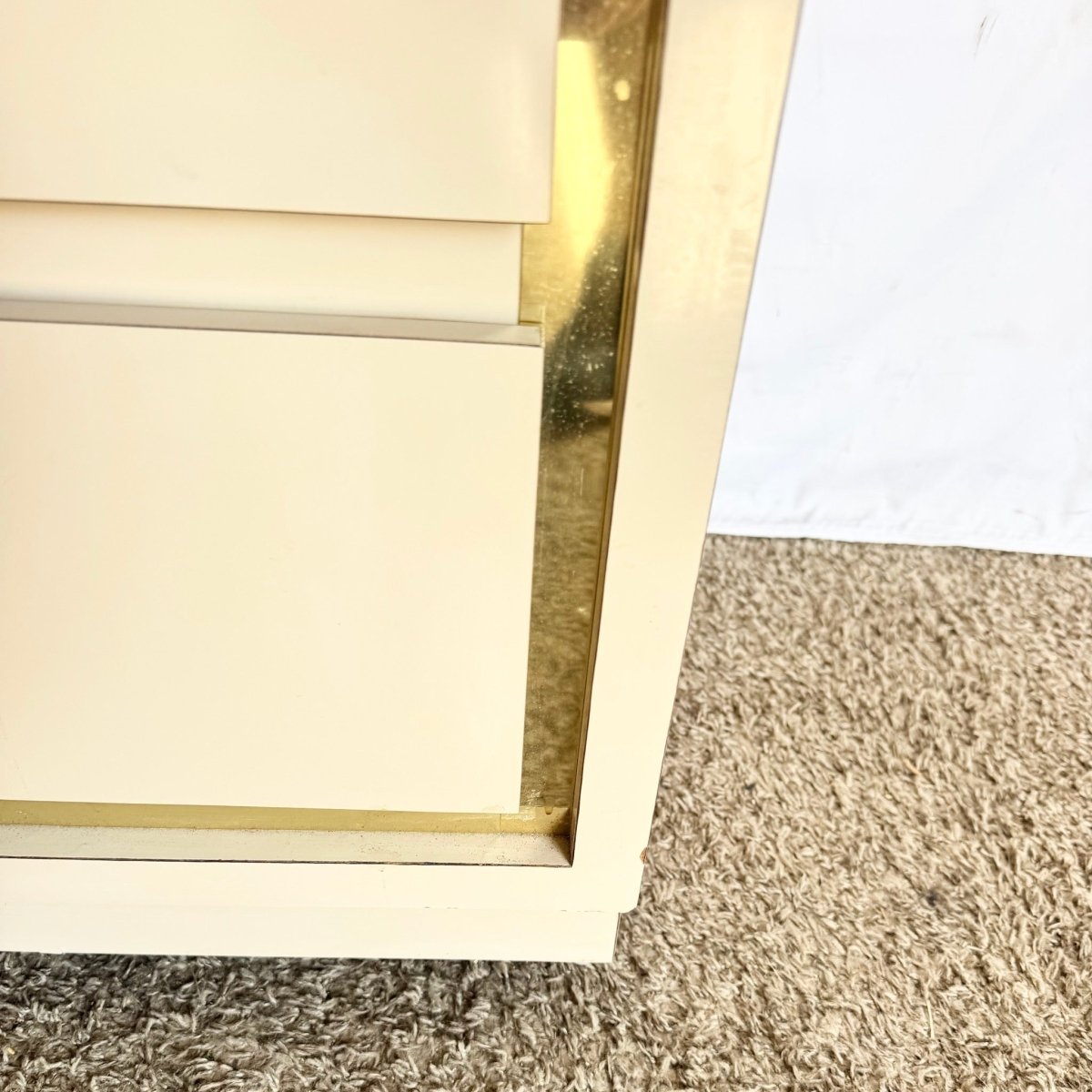 Postmodern Cream Laminate Highboy Dresser With Gold Accents - Dolphin & Flamingo