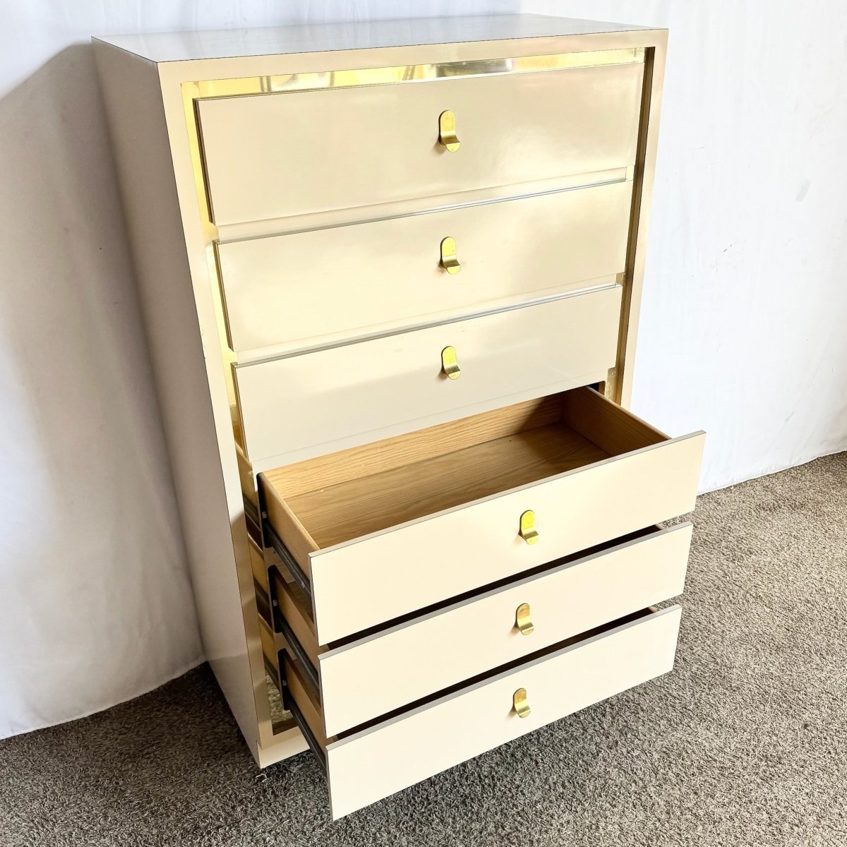 Postmodern Cream Laminate Highboy Dresser With Gold Accents - Dolphin & Flamingo