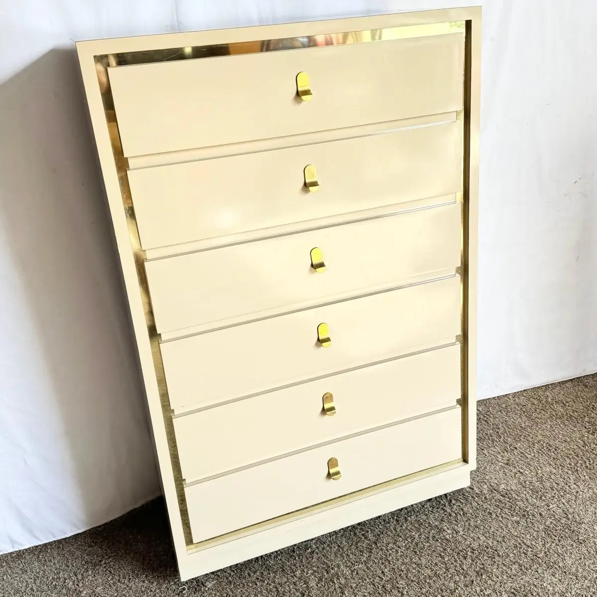 Postmodern Cream Laminate Highboy Dresser With Gold Accents